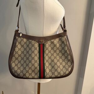 Authentic Gucci Brown GG Canvas Shoulder Bag with Red & Green Stripe